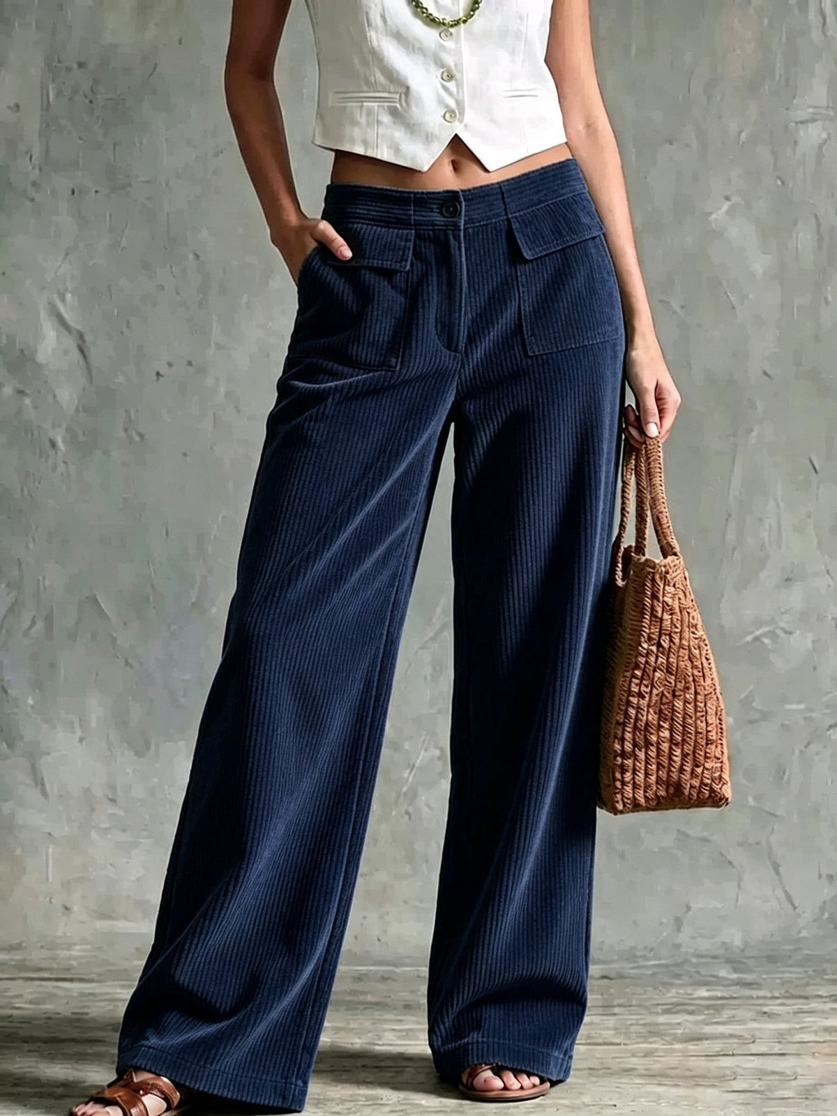 Navy blue fine-wale corduroy wide-leg pants featuring front flap pockets and a high-waisted button-zip fly closure.