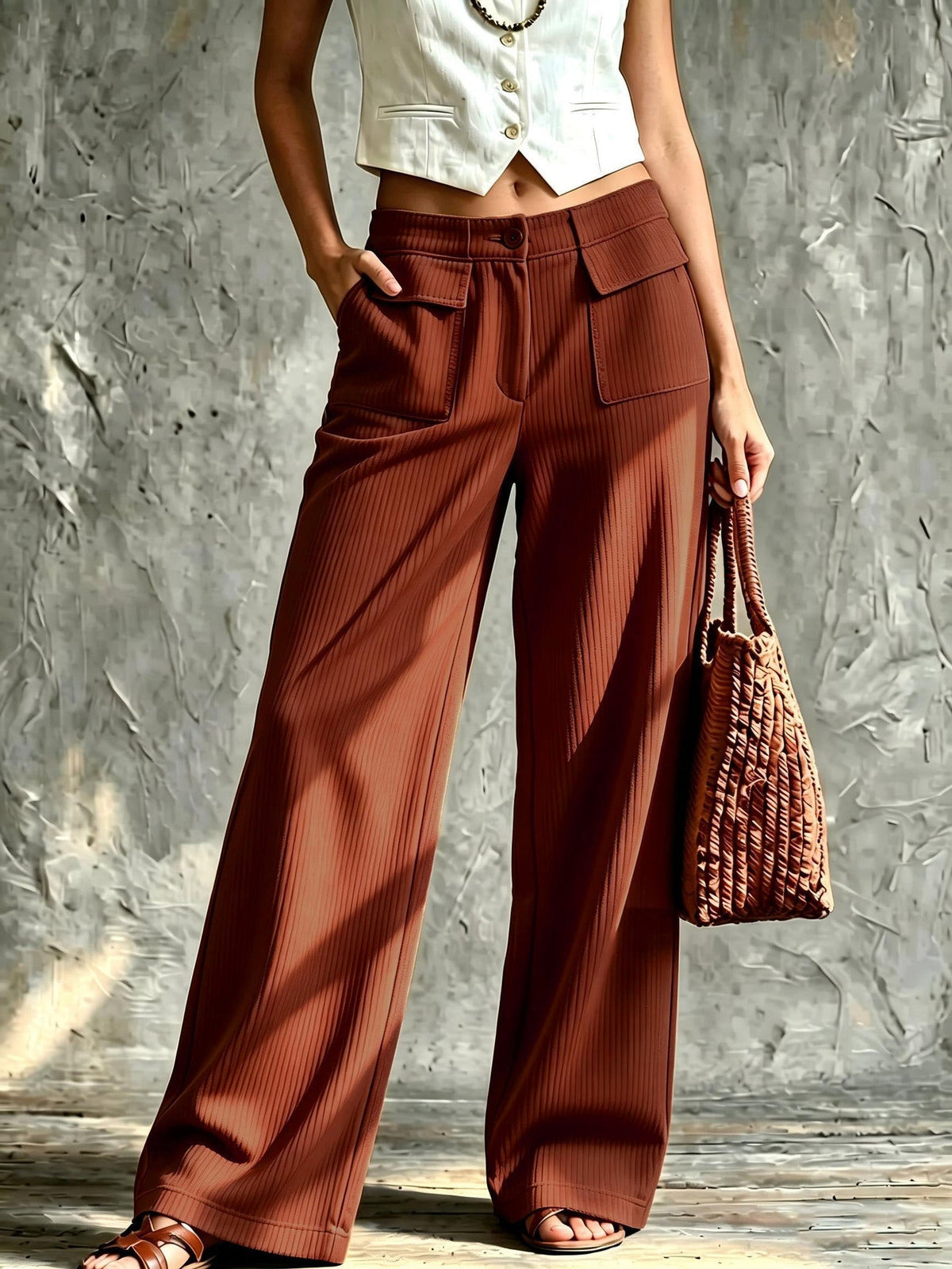Brown fine-wale corduroy wide-leg pants featuring utility-style flap pockets and a structured button-zip waistband.