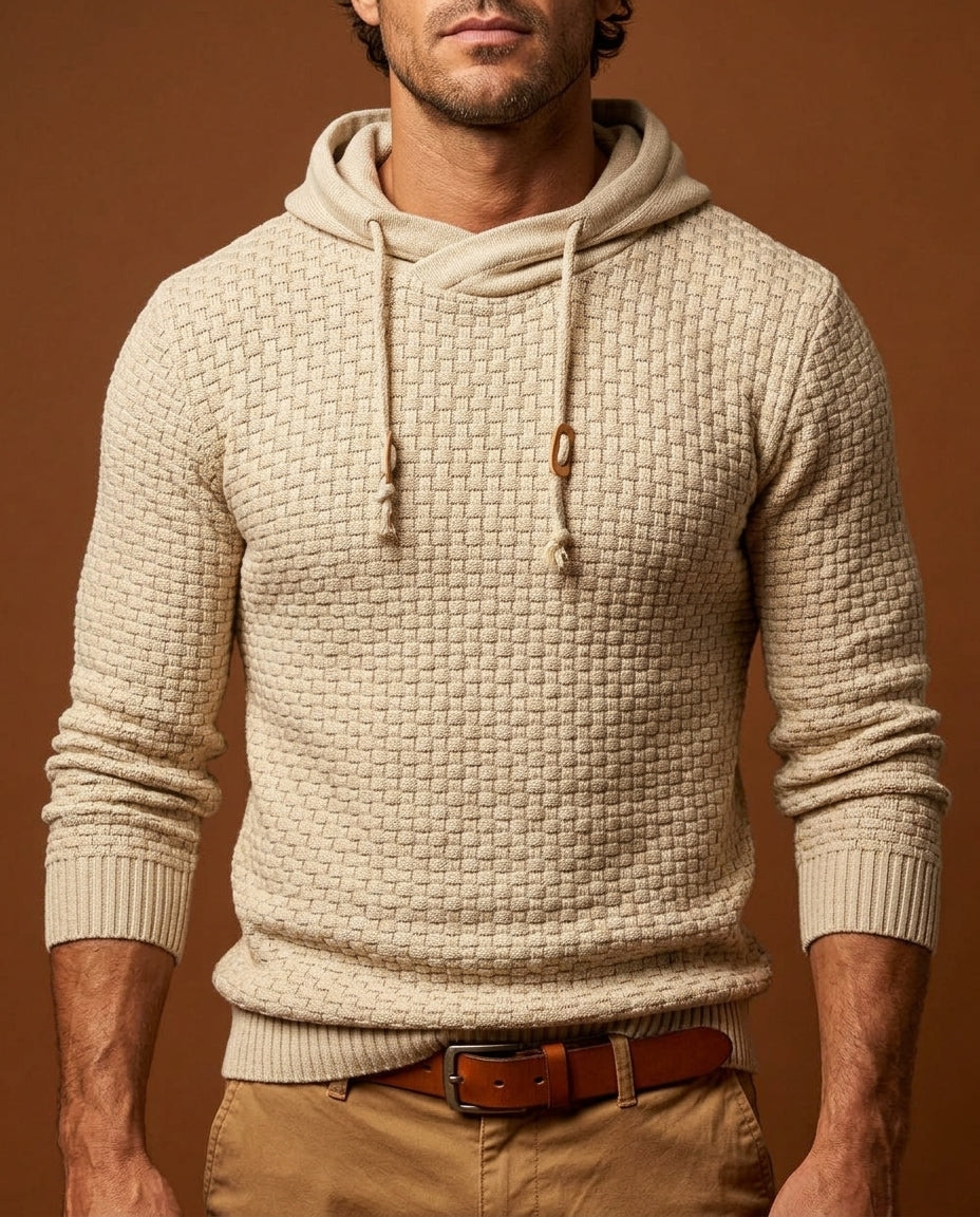 Flavio Basketweave Cotton Hoodie – Funnel-Neck Durable-Knit Multi-Season Pullover