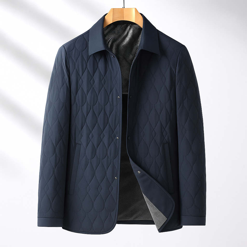 Navy blue diamond-stitch quilted jacket with a turn-down collar, button front, and soft plush interior lining.