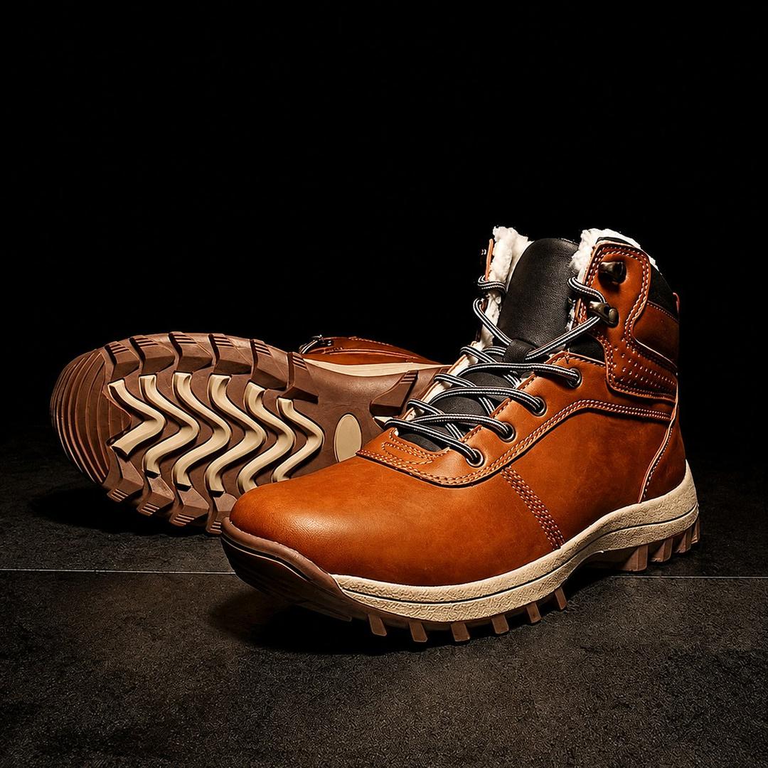 Tan leather ankle boots with a plush fleece lining, metal lace-up hardware, and a rugged, deep-tread lugged outsole.
