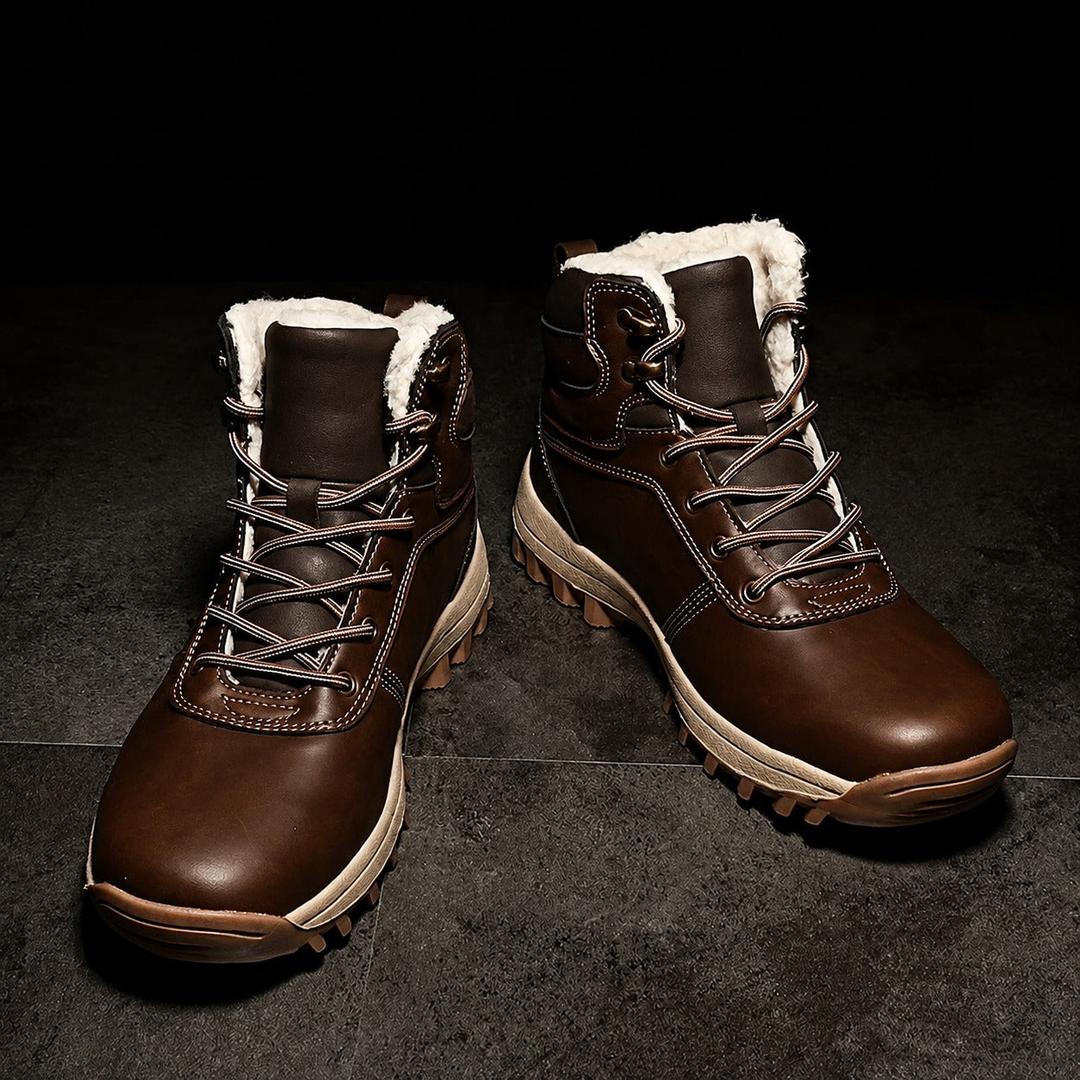 Brown leather lace-up ankle boots featuring a plush fleece-lined collar, metal eyelets, and a rugged deep-tread lugged sole.