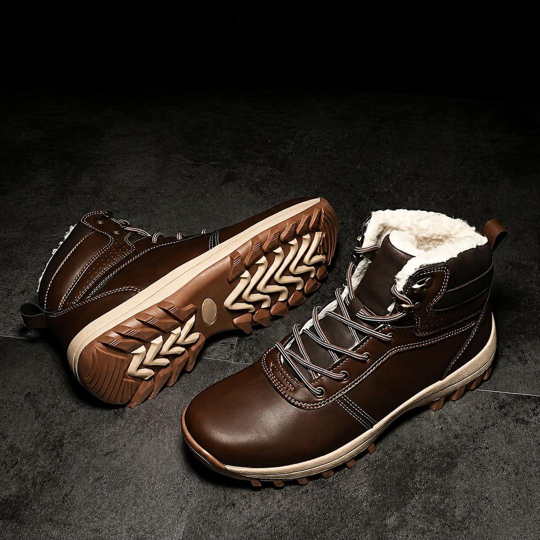 Brown leather ankle boots featuring a plush fleece lining, lace-up front, and a rugged, deep-lugged rubber outsole.