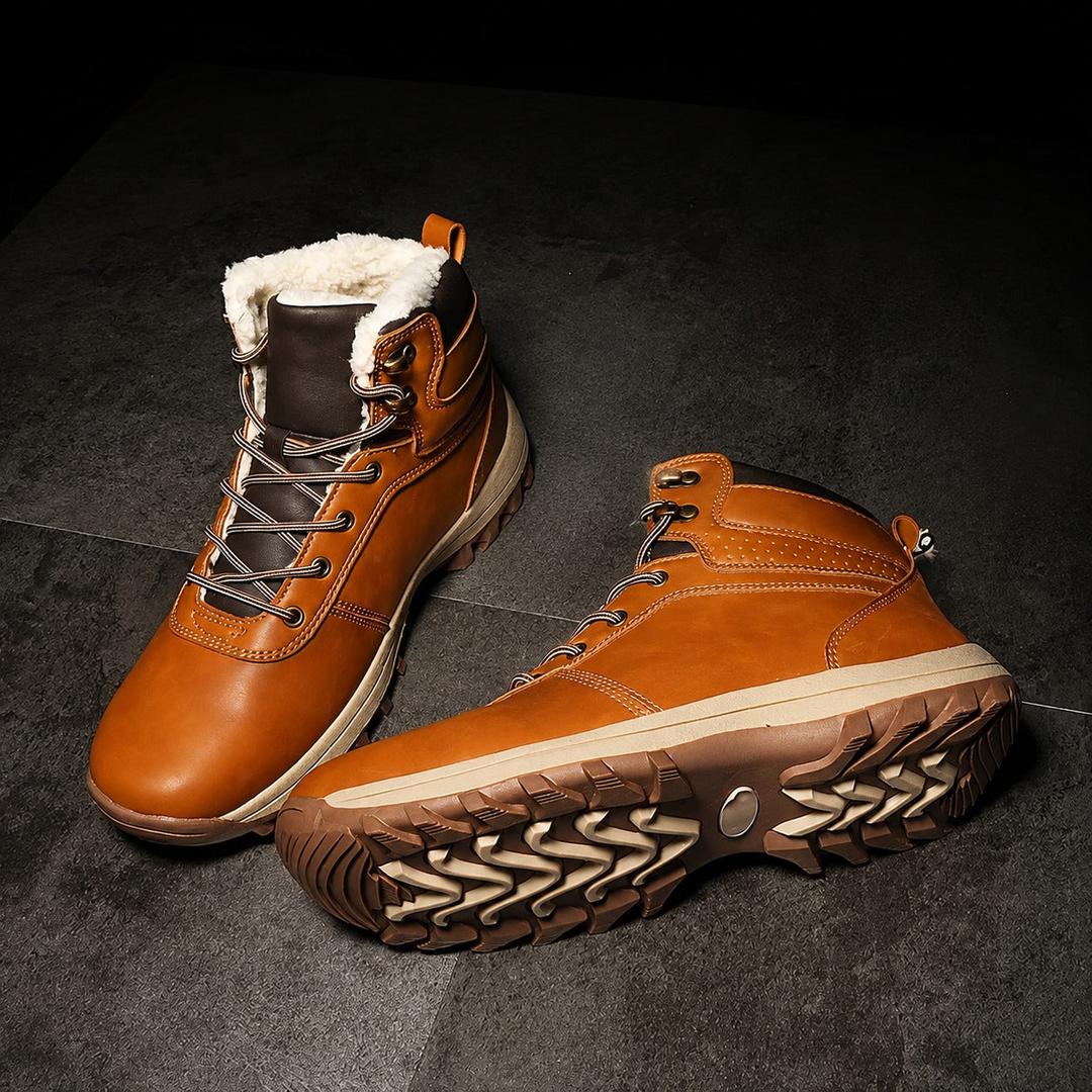 Tan leather ankle boots with plush fleece lining, lace-up front, and a rugged, deep-lugged rubber outsole.