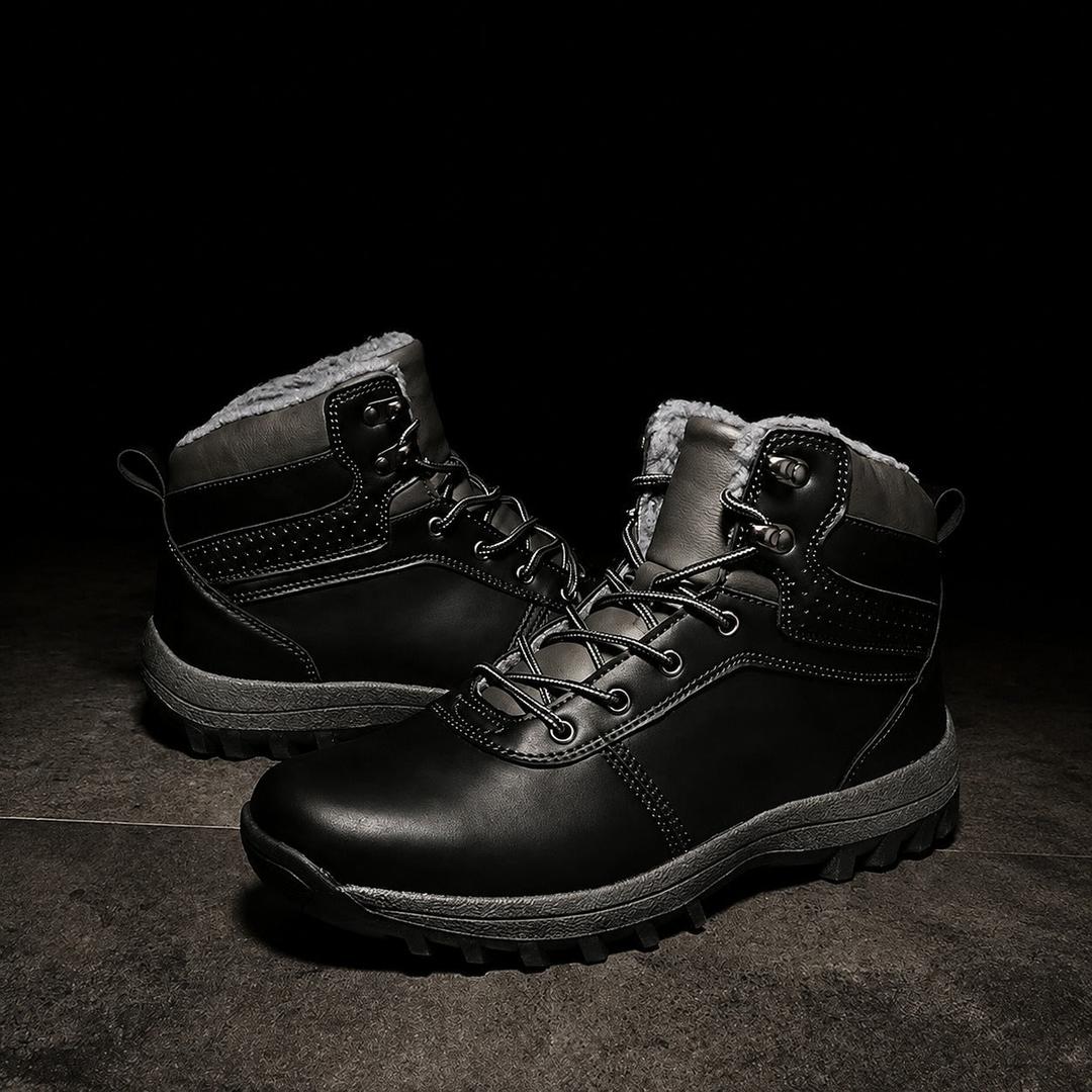 Black leather lace-up ankle boots with gray fleece lining, metal eyelets, and a thick, rugged lugged sole.
