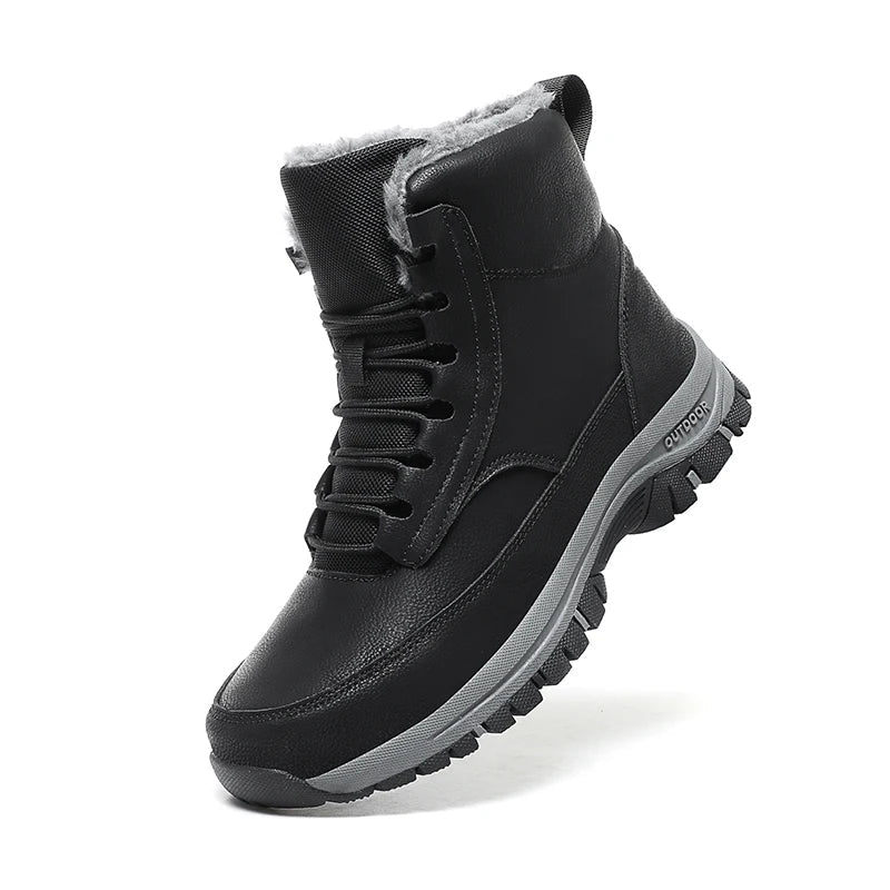 Black fleece-lined lace-up ankle boots for men with fur collar and grey lug sole