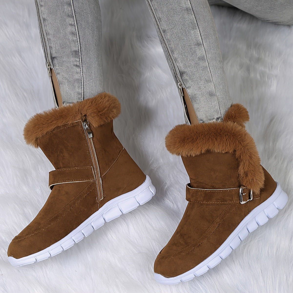 Brown suede-look fleece-lined ankle boots for women with faux fur cuff and side zip