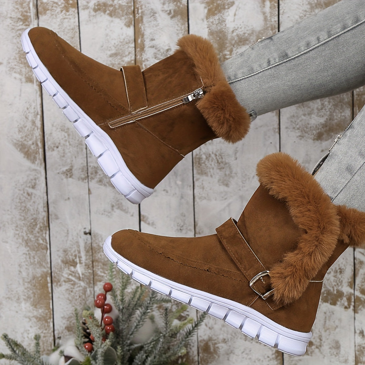 Pair of brown faux fur trim ankle boots for women with buckle strap and white non-slip sole