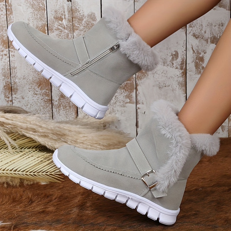 Gray suede-look ankle boots for women with fur-look collar and treaded white outsole