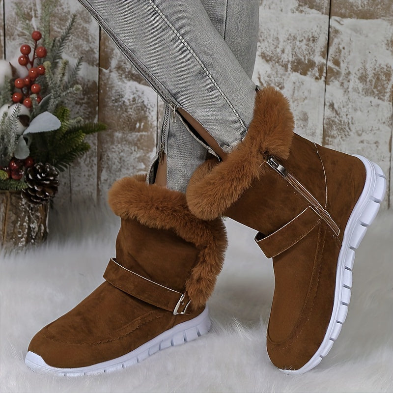 Brown fleece-lined ankle boots for women with faux fur cuff, side zip and buckle strap detail
