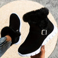 Black faux fur trim ankle boots for women with buckle strap and white non-slip outsole