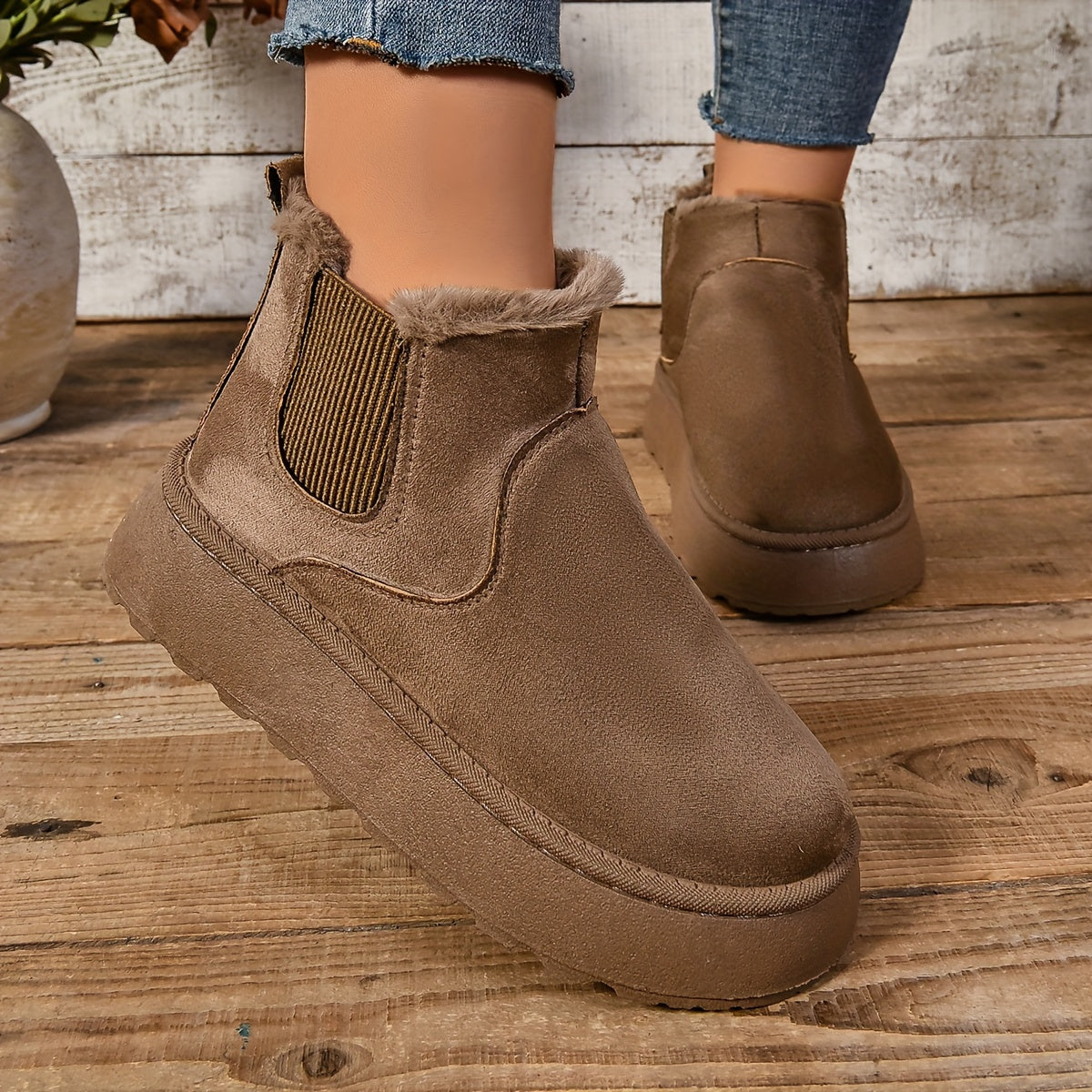 Brown suede-look platform Chelsea boots for women with rounded toe and thick non-slip platform sole