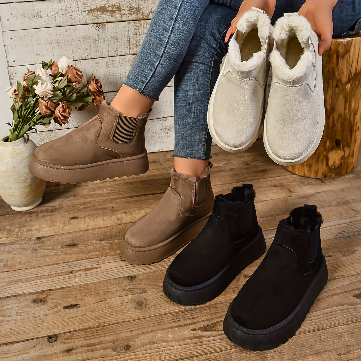 All three colourways of fleece-lined platform Chelsea boots for women in beige, brown and black