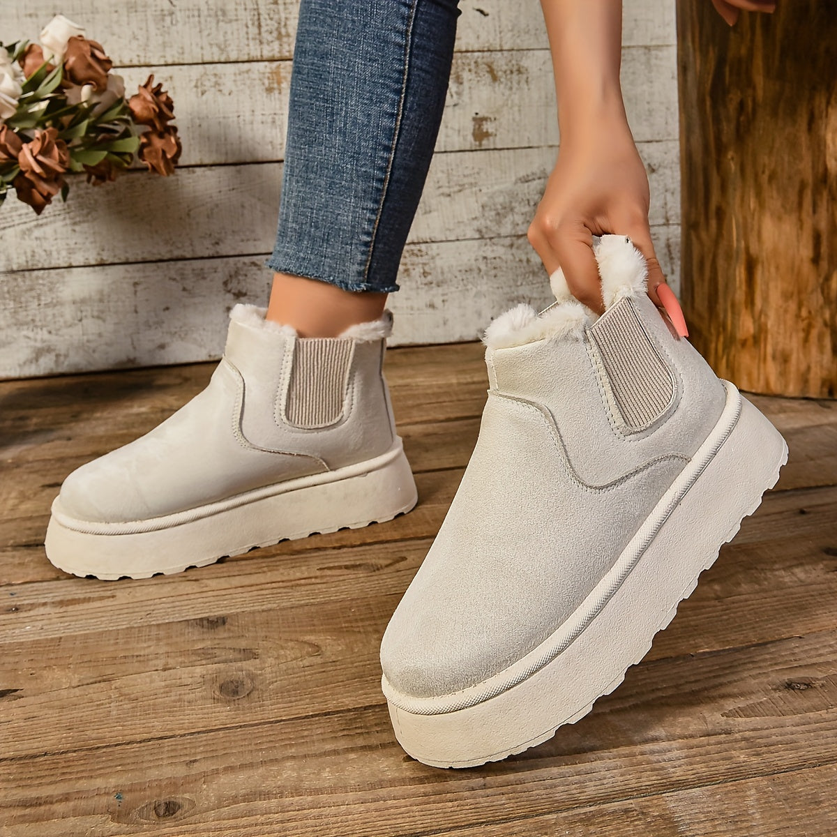 Hand lifting a beige platform Chelsea boot to reveal the plush fleece lining inside the cuff