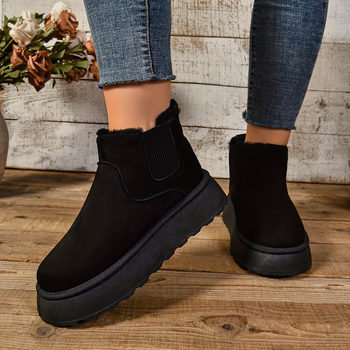 Black fleece-lined platform Chelsea boots for women with chunky non-slip sole, worn with jeans