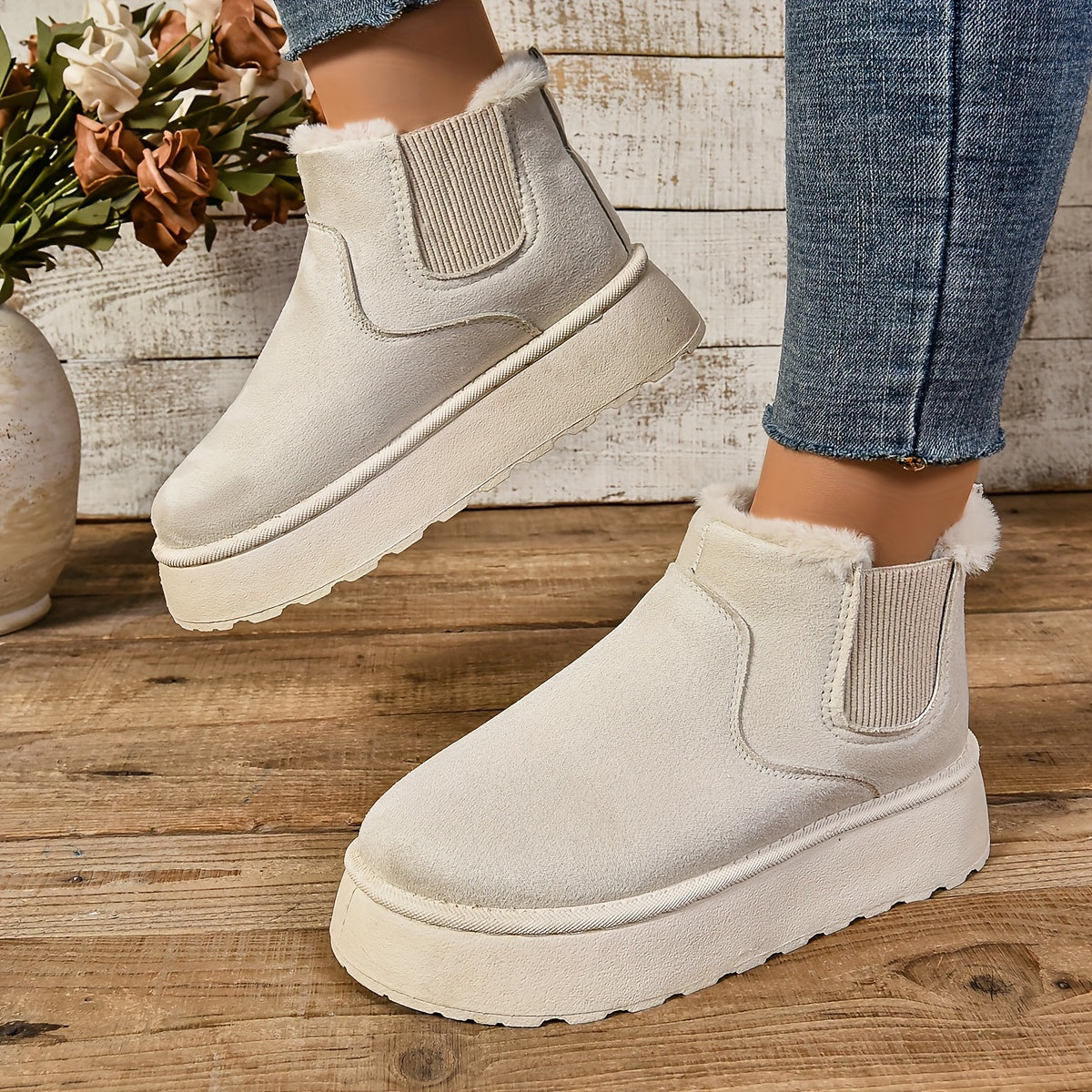 Beige platform Chelsea boots for women showing the fleece-trimmed cuff and thick non-slip platform sole