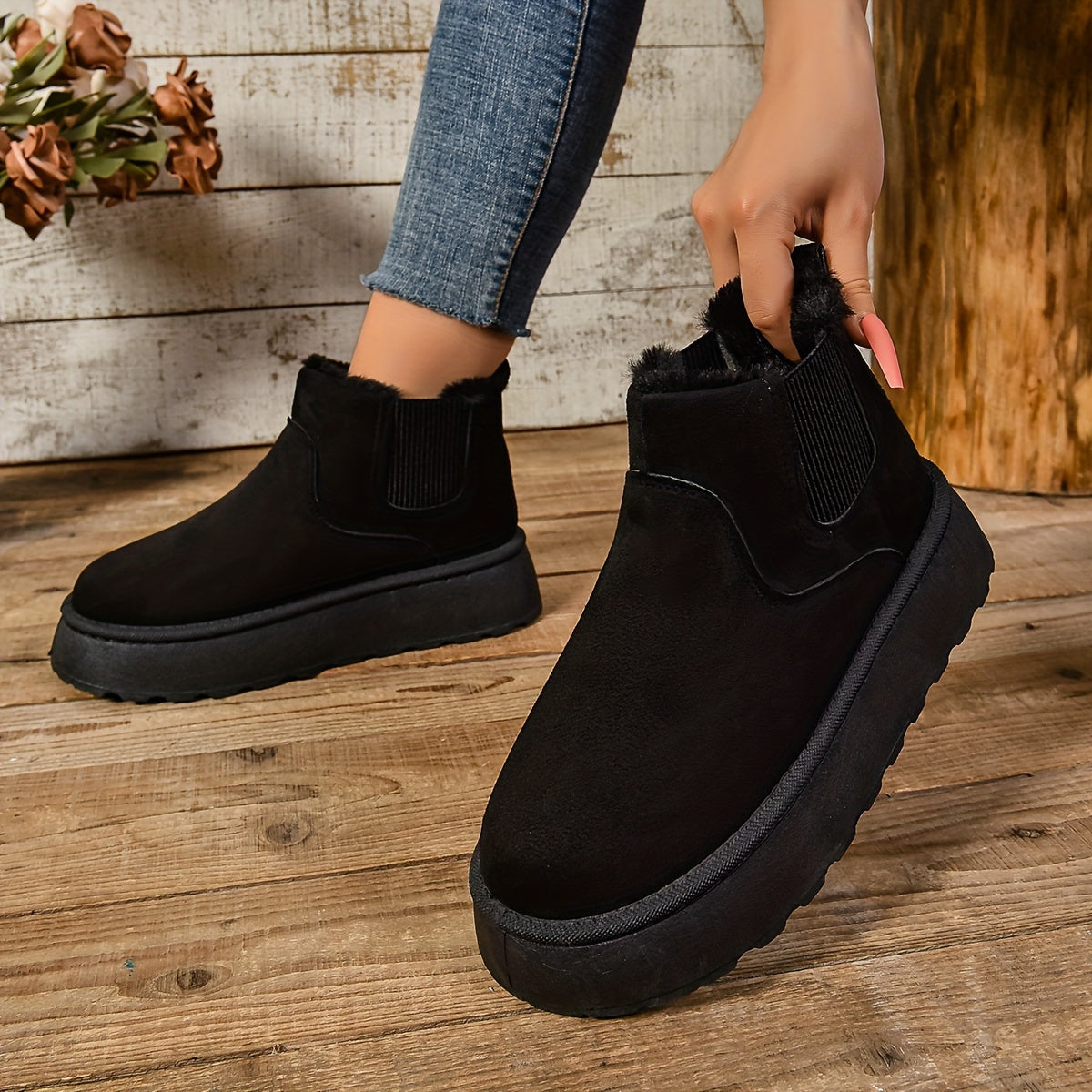 Black fleece-lined platform Chelsea boots for women, one boot held to show the lining at the collar