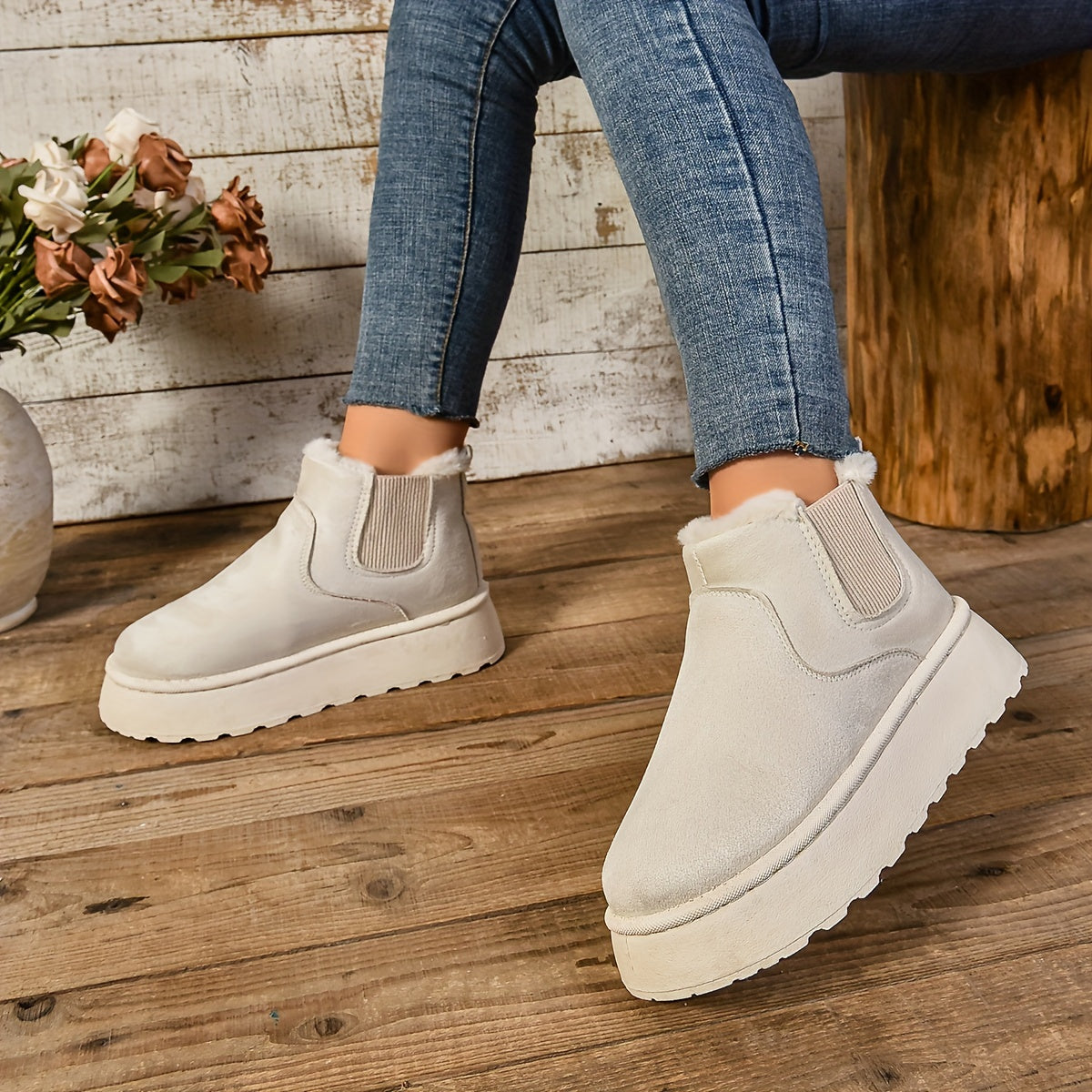 Beige fleece-lined platform Chelsea boots for women with elastic side panels, worn with cropped jeans