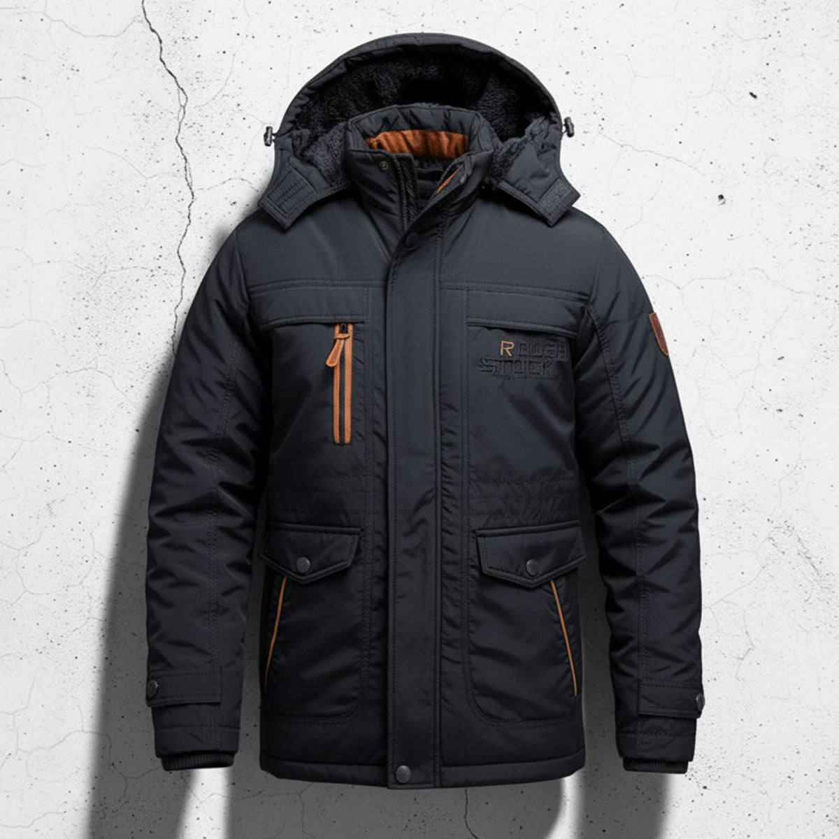 Navy blue fleece-lined utility jacket with a detachable hood, contrast zip details, and multiple cargo pockets.