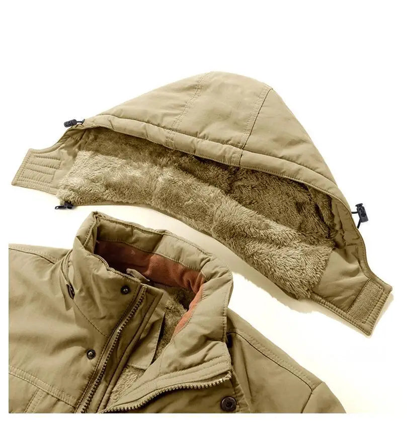 Khaki utility jacket featuring a detachable fleece-lined hood, stand collar, and durable fabric construction.