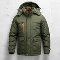 Army green fleece-lined utility jacket with a detachable hood, contrast zip details, and multiple cargo pockets.