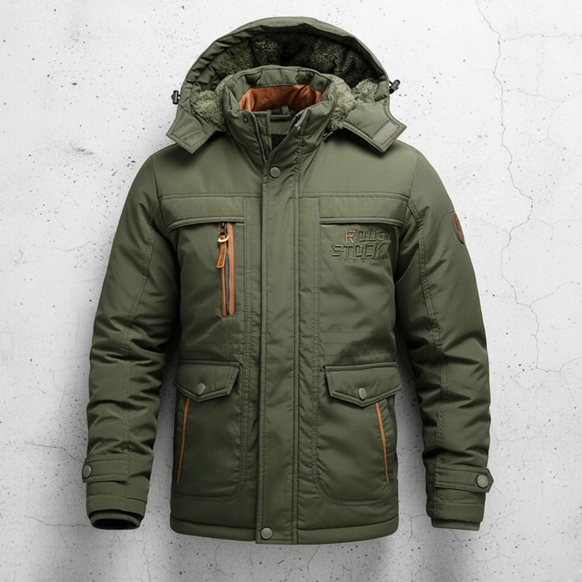 Army green fleece-lined utility jacket with a detachable hood, contrast zip details, and multiple cargo pockets.
