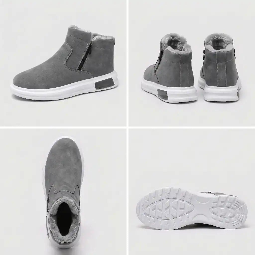Four views of the gray winter ankle boot showing the side profile, back, fleece-lined opening and outsole tread