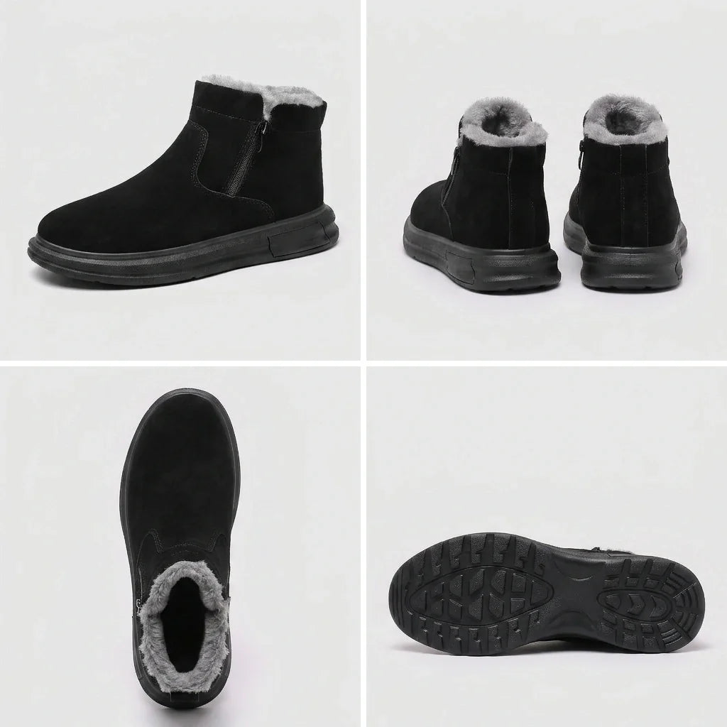 Four views of the black winter ankle boot showing the side profile, back, fleece-lined opening and outsole tread