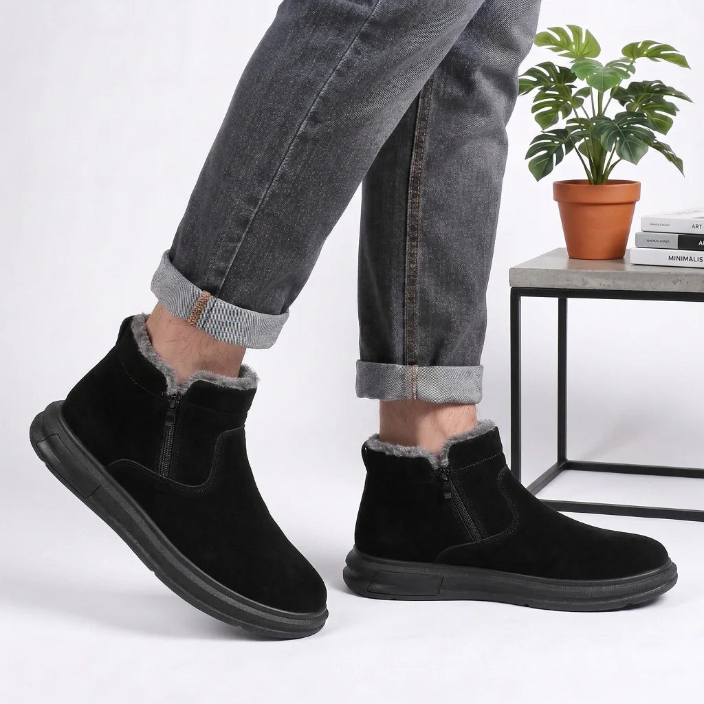 Man in cuffed grey jeans wearing black fleece-lined winter ankle boots with side zip