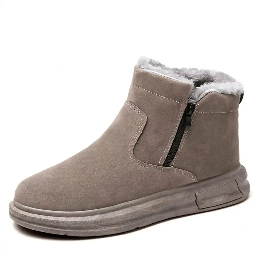 Taupe fleece-lined winter ankle boot with side zip, wide toe box and textured outsole