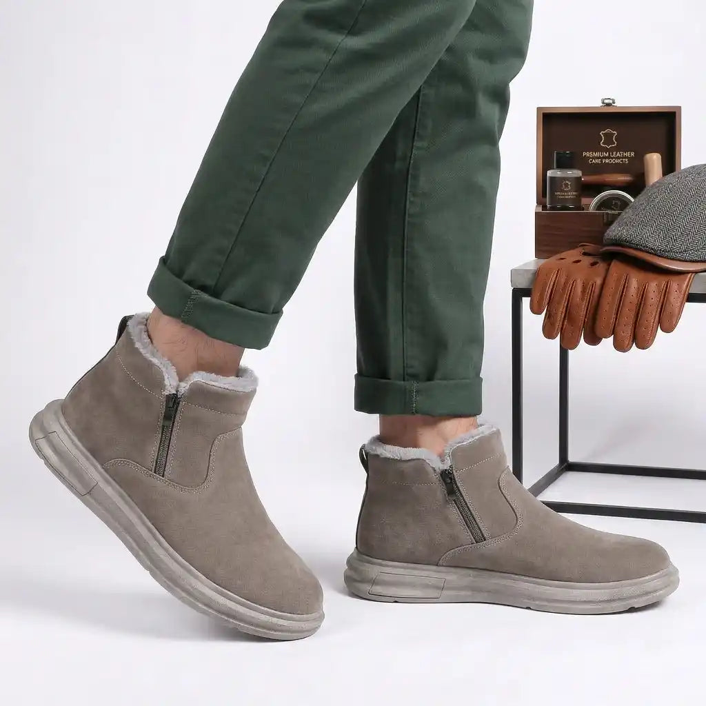 Man in green trousers wearing taupe fleece-lined winter ankle boots with side zip