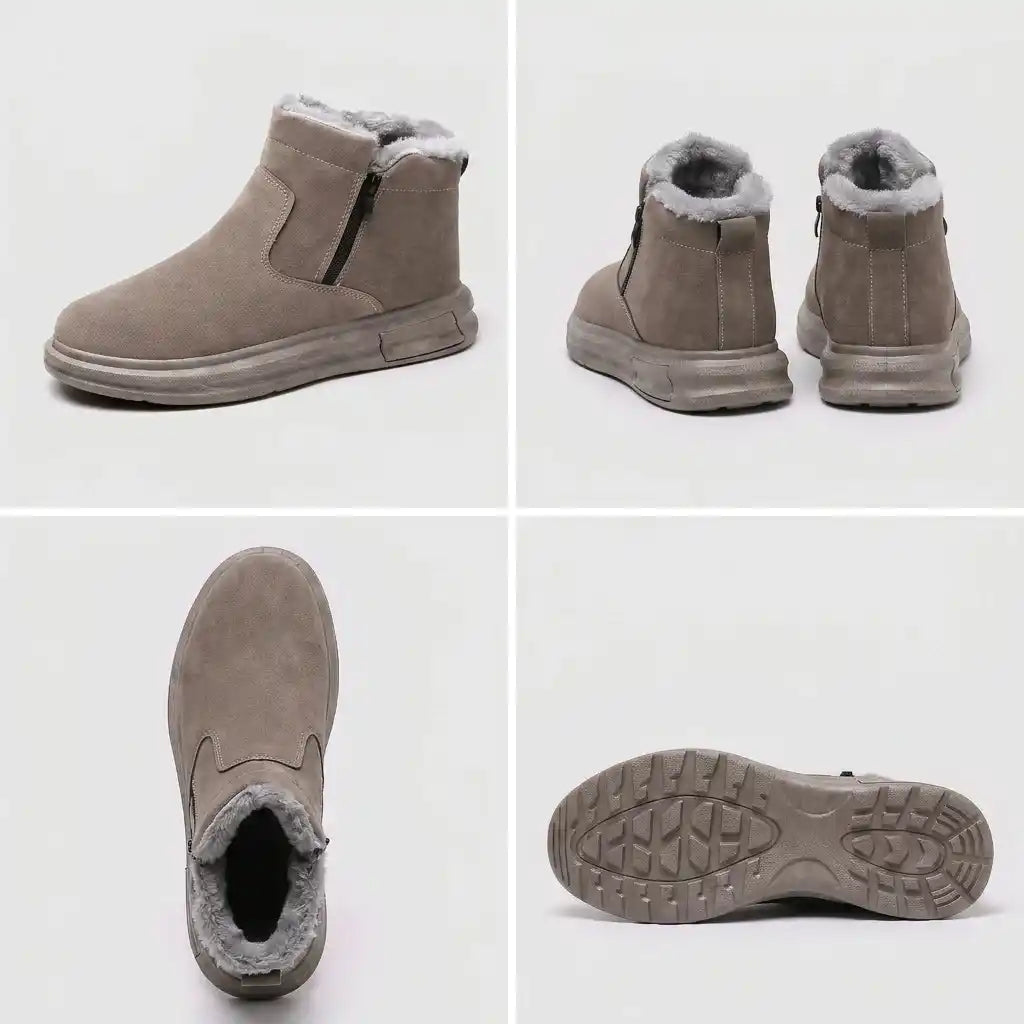 Four views of the taupe winter ankle boot showing the side profile, back, fleece-lined opening and outsole tread