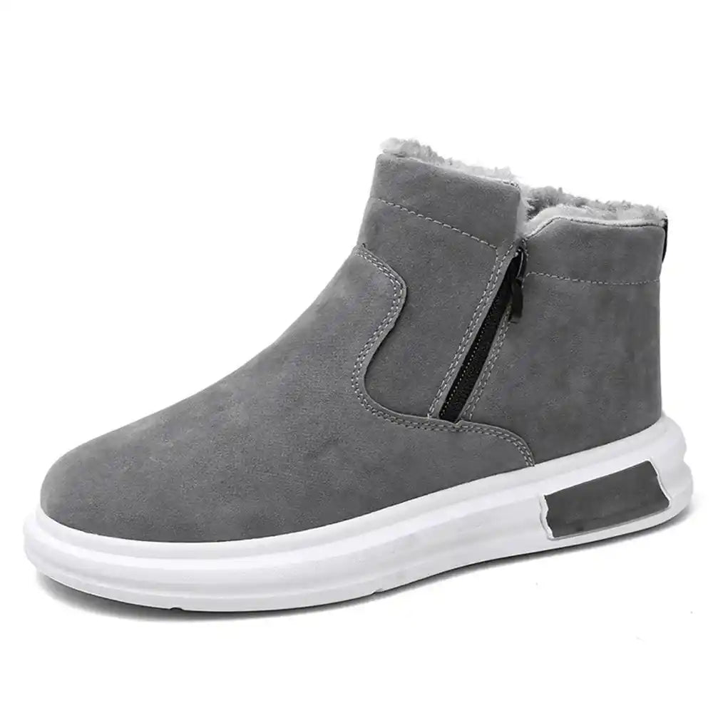 Gray fleece-lined winter ankle boot with side zip and white textured outsole