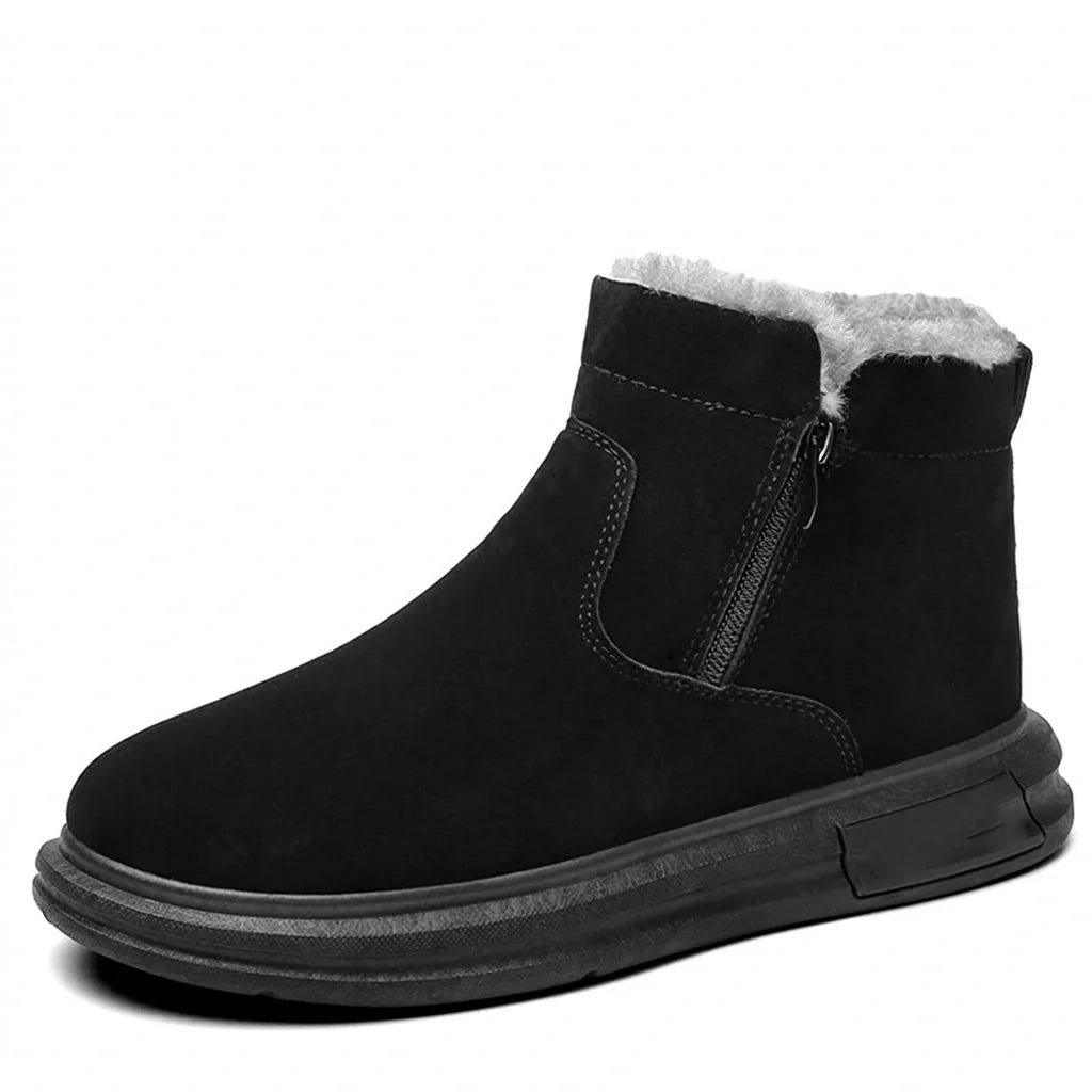 Black fleece-lined winter ankle boot with side zip, wide toe box and textured outsole