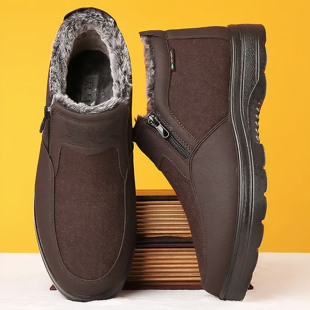 Dark brown winter boots with plush gray lining, side zippers, and textured traction soles against a yellow background.