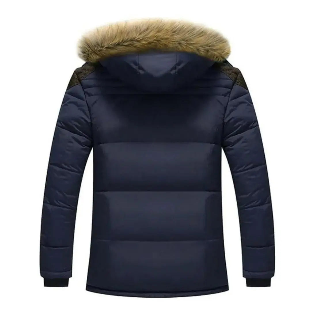Navy blue wind-resistant parka with a detachable hood, plush faux-fur trim, and quilted polyester shell.