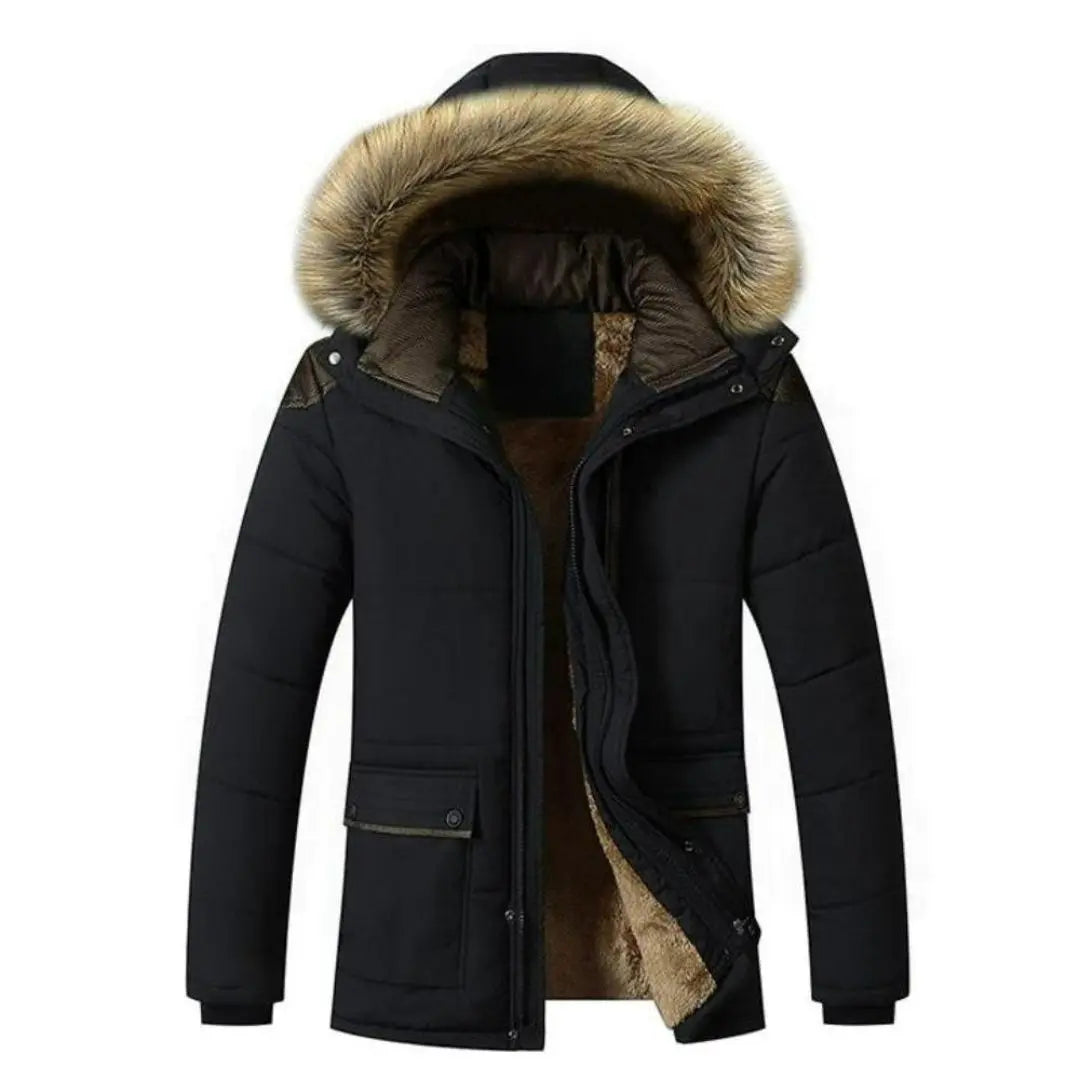 Black wind-resistant parka with a plush-lined detachable hood and warm brushed fleece interior.