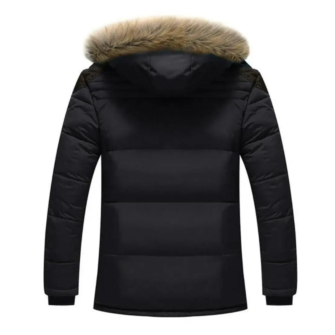 Black wind-resistant winter parka with a quilted shell, detachable hood, and plush faux-fur trim, shown from the back.