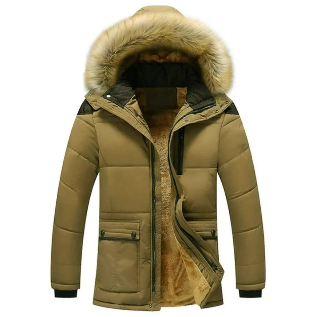 Tan wind-resistant parka with a plush fleece lining, detachable faux-fur trimmed hood, and a relaxed, layered fit.