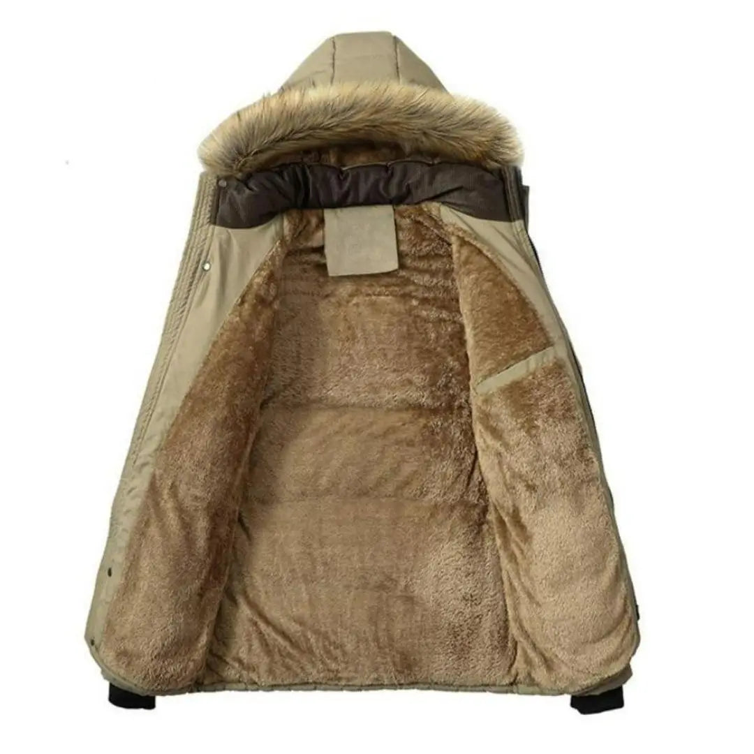 Tan wind-resistant parka with a plush fleece-lined interior and a detachable hood featuring soft faux fur trim.
