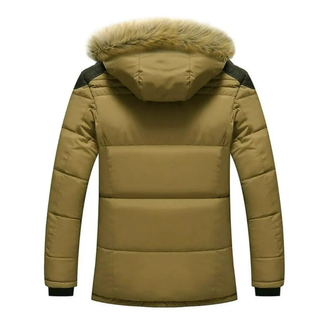 Tan wind-resistant winter parka with a detachable faux-fur trimmed hood and quilted polyester shell, shown from behind.