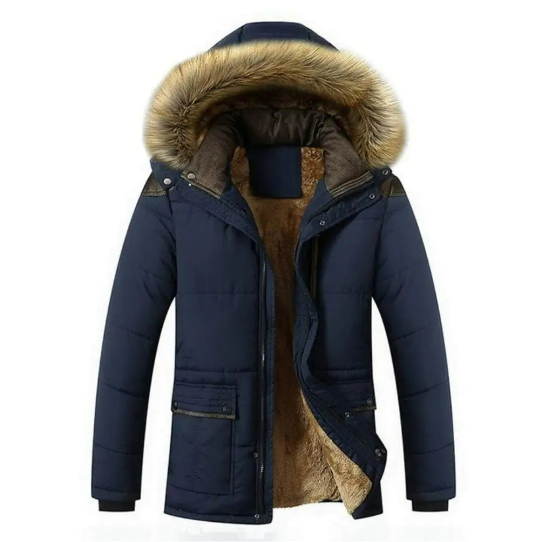 Navy blue wind-resistant parka with a plush fleece lining and a detachable hood featuring soft faux fur trim.