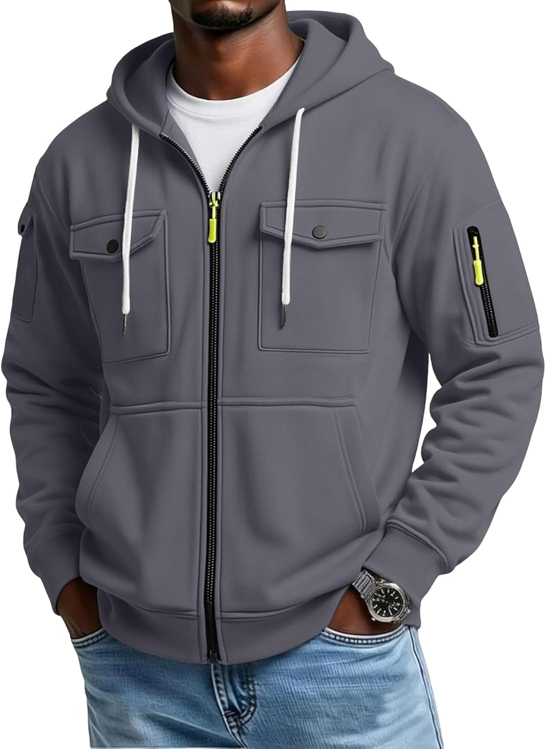 Gray full-zip utility hoodie worn by a male model, shown from the front with snap-flap chest pockets and sleeve utility pockets.