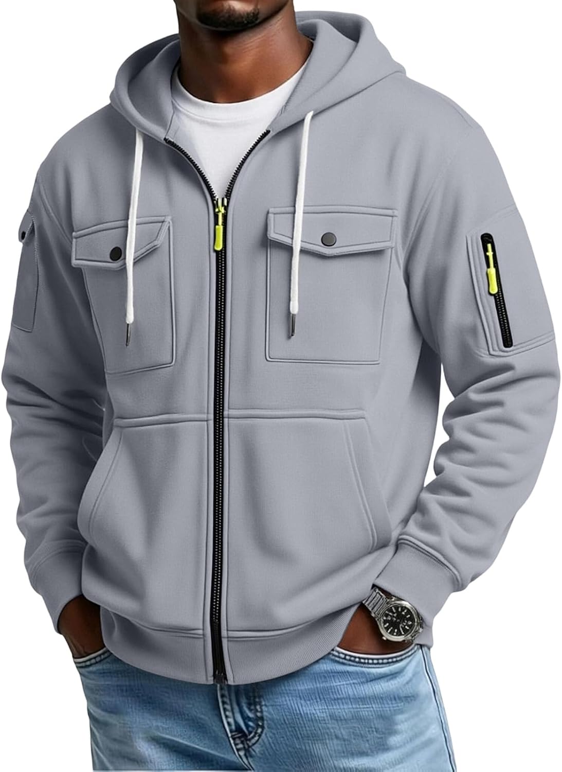 Light Gray full-zip utility hoodie worn by a male model, shown from the front with snap-flap chest pockets and sleeve utility pockets.
