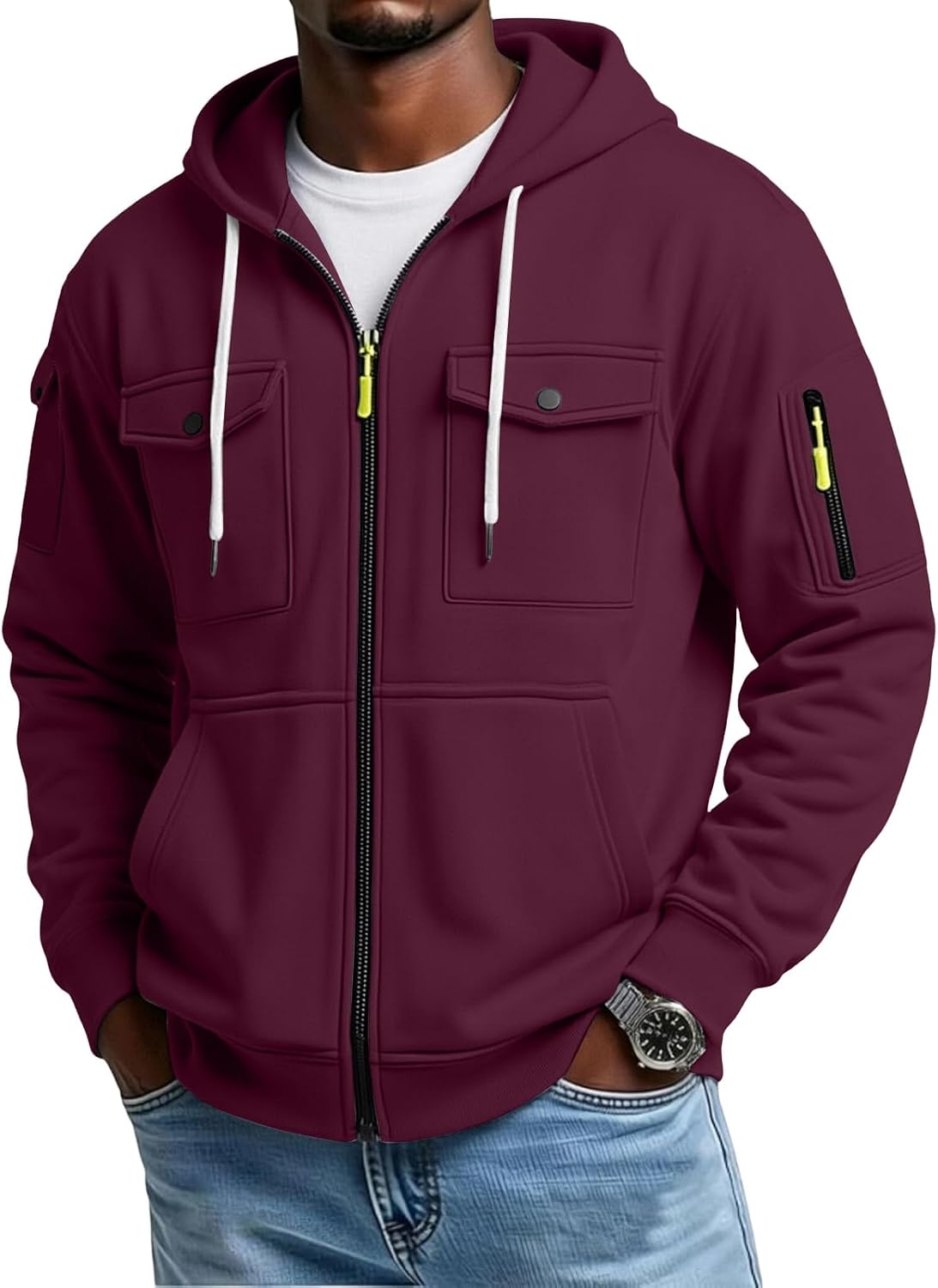 Burgundy full-zip utility hoodie worn by a male model, shown from the front with snap-flap chest pockets and sleeve utility pockets.