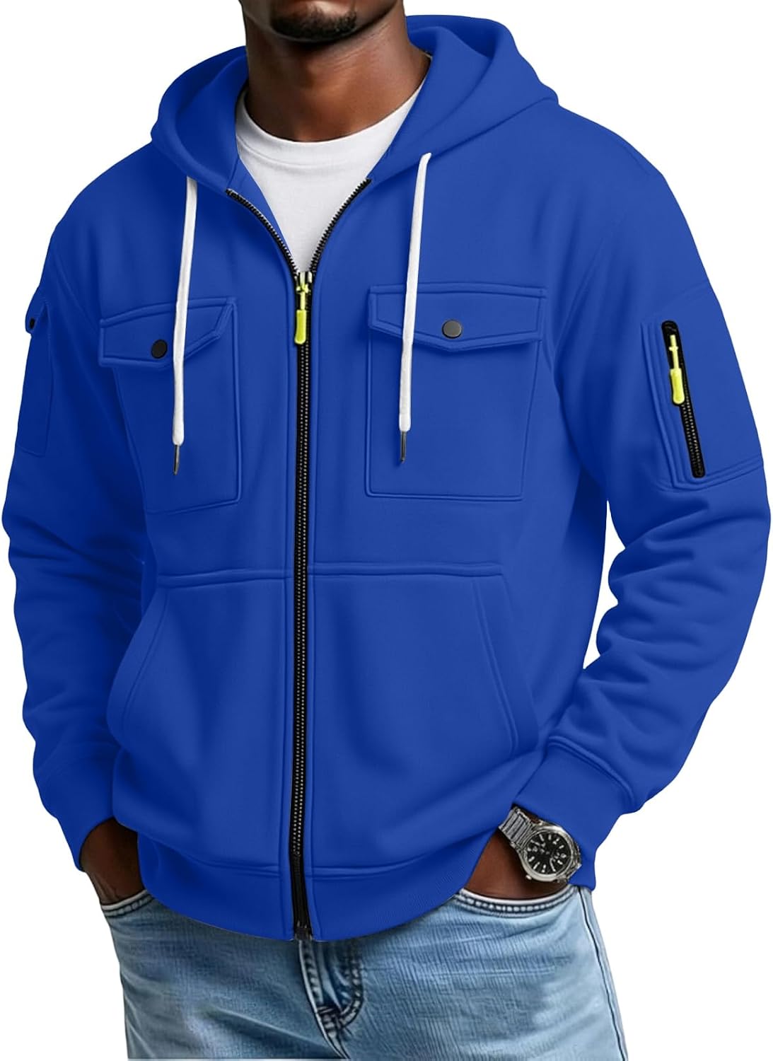 Blue full-zip utility hoodie worn by a male model, shown from the front with snap-flap chest pockets and sleeve utility pockets.