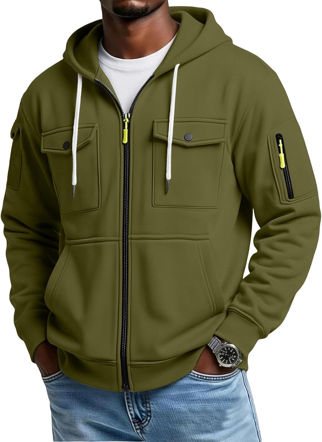 Olive green full-zip utility hoodie worn by a male model, shown from the front with snap-flap chest pockets and sleeve utility pockets.