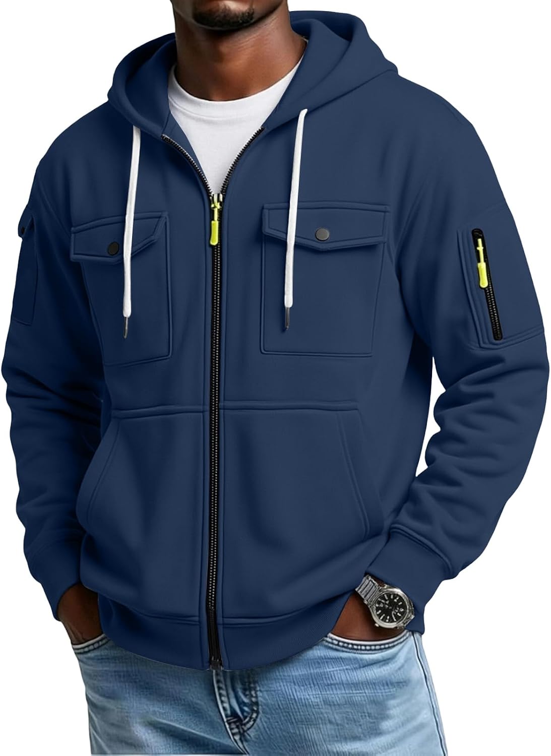 Navy blue full-zip utility hoodie worn by a male model, shown from the front with snap-flap chest pockets and sleeve utility pockets.