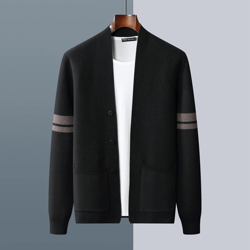 Black wool-blend V-neck cardigan featuring contrast sleeve stripes, button-front closure, and two front patch pockets.