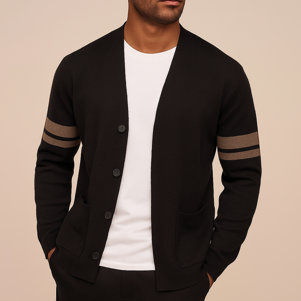 Black wool-blend V-neck cardigan with contrast sleeve stripes, button-front closure, and functional side pockets.